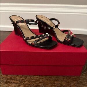 Valentino Black and Gold Studded Wedges